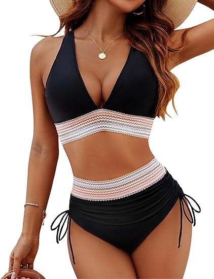Damen Bikini Set | High-Waist Design, Ethno-Detail Streifen, Sportlich-Elegant & Moderner Beach Look