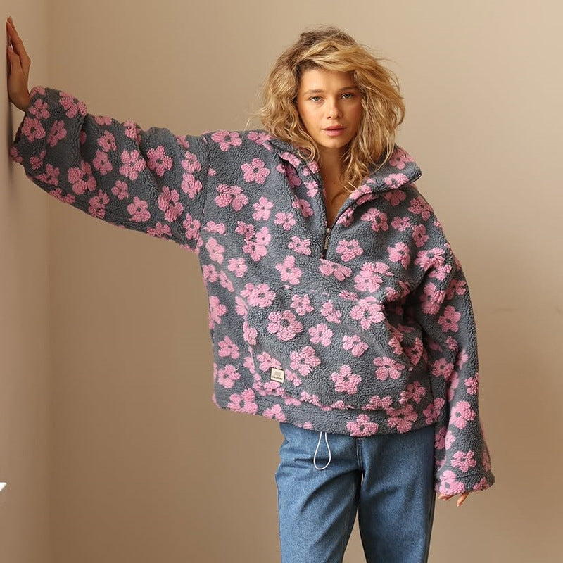 Selma – Langärmeliger Vlies Pullover Mit Blumen Muster