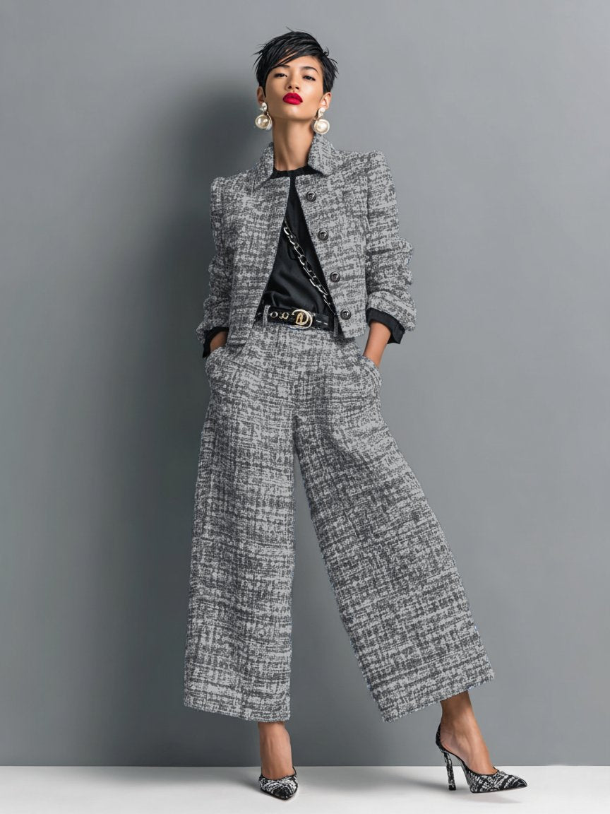 Damen Zweiteiler Set | Strukturierter Bouclé Look – Cropped Jacke, Weites Bein & Moderner Business Chic