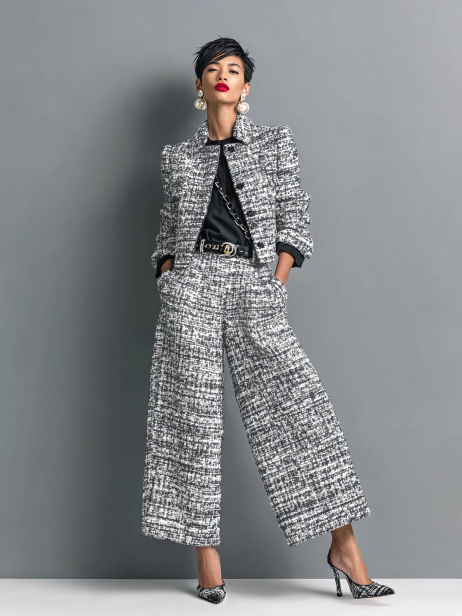Damen Zweiteiler Set | Strukturierter Bouclé Look – Cropped Jacke, Weites Bein & Moderner Business Chic