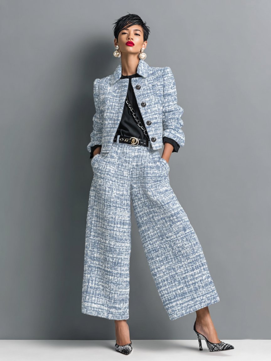 Damen Zweiteiler Set | Strukturierter Bouclé Look – Cropped Jacke, Weites Bein & Moderner Business Chic