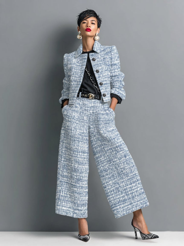 Damen Zweiteiler Set | Strukturierter Bouclé Look – Cropped Jacke, Weites Bein & Moderner Business Chic