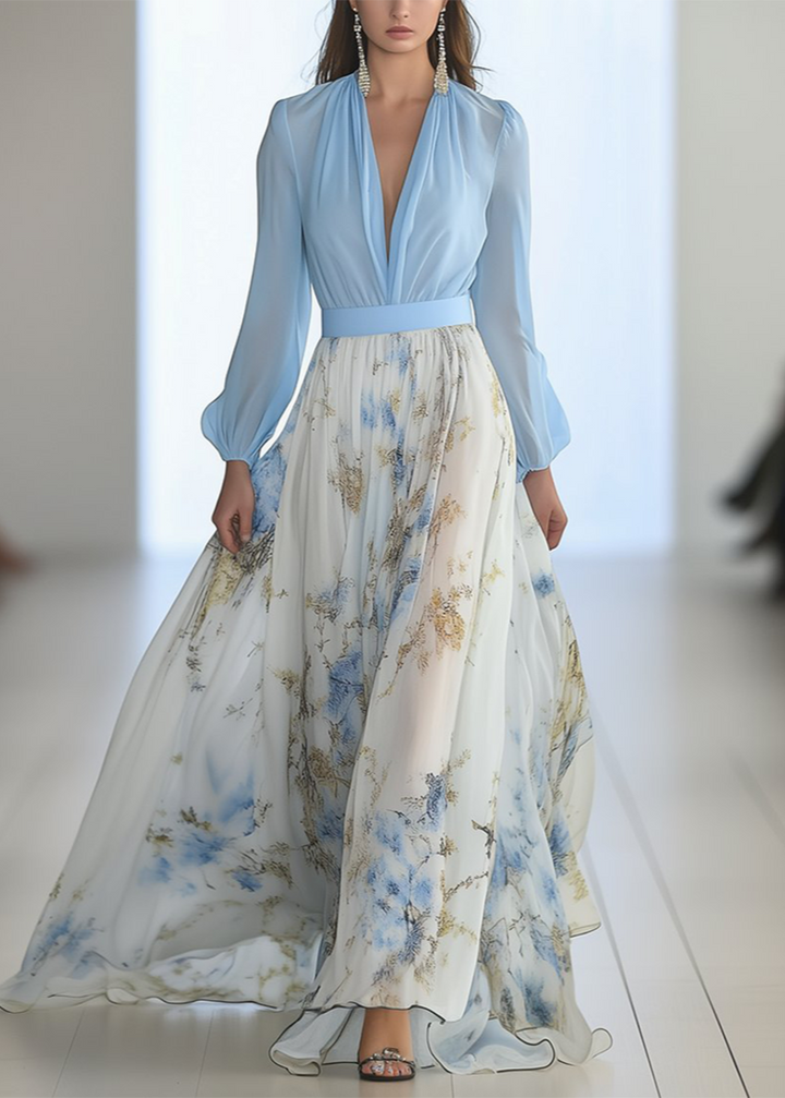 Damen Maxi-Abendkleid – V-Ausschnitt, Blumiger Saum & Transparente Ärmel