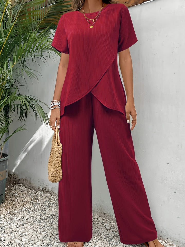 Damen Zweiteiler Set | Kurzarm Top mit Falt-Design – Weite Hose, Minimal Chic & Eleganter Casual Look
