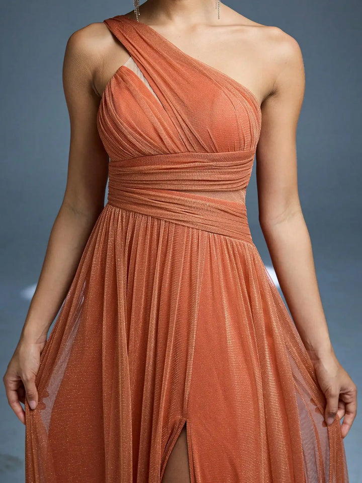 Damen One-Shoulder Plissee-Maxikleid | Drapiertes Design – Fliessende Silhouette, Eleganter Abendlook & Stilvolle Abendmode