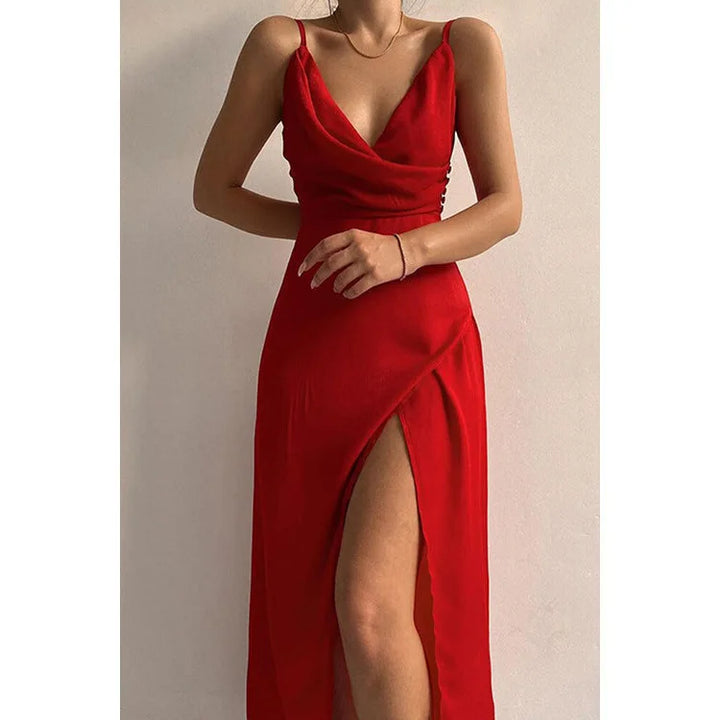 Damen Wickel-Maxikleid | V-Ausschnitt, High-Slit Design, Elegante Silhouette & Zeitloser Abendlook