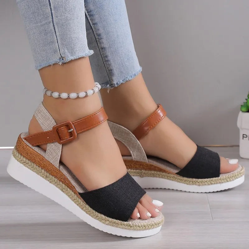 Naisten Ortopediset | Damen Boho Keilsandalen – Leinen, Knöchelriemen & Verspielt