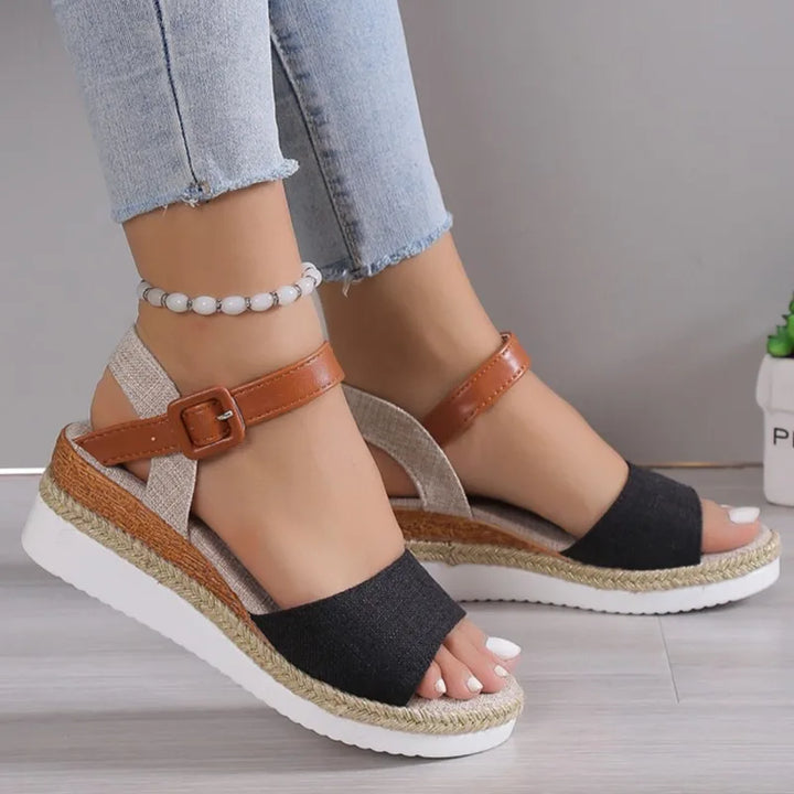 Naisten Ortopediset | Damen Boho Keilsandalen – Leinen, Knöchelriemen & Verspielt