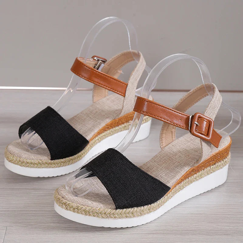 Naisten Ortopediset | Damen Boho Keilsandalen – Leinen, Knöchelriemen & Verspielt