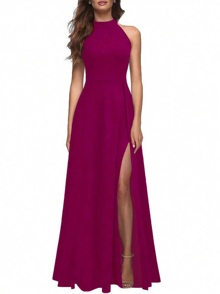 Damen Halterneck Maxikleid | High-Slit Design, Figurbetont, Fliessende Silhouette & Eleganter Abendlook