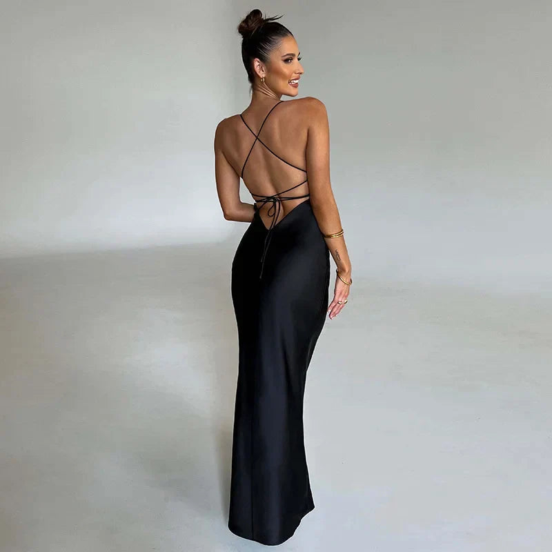 Damen Satin Maxi-Abendkleid – Seitenschlitz, Dünne Träger & Figurbetonend