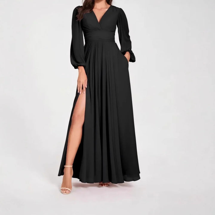 Damen Wickel-Maxikleid | V-Ausschnitt, Puffärmel, High-Slit Design & Eleganter Abendlook