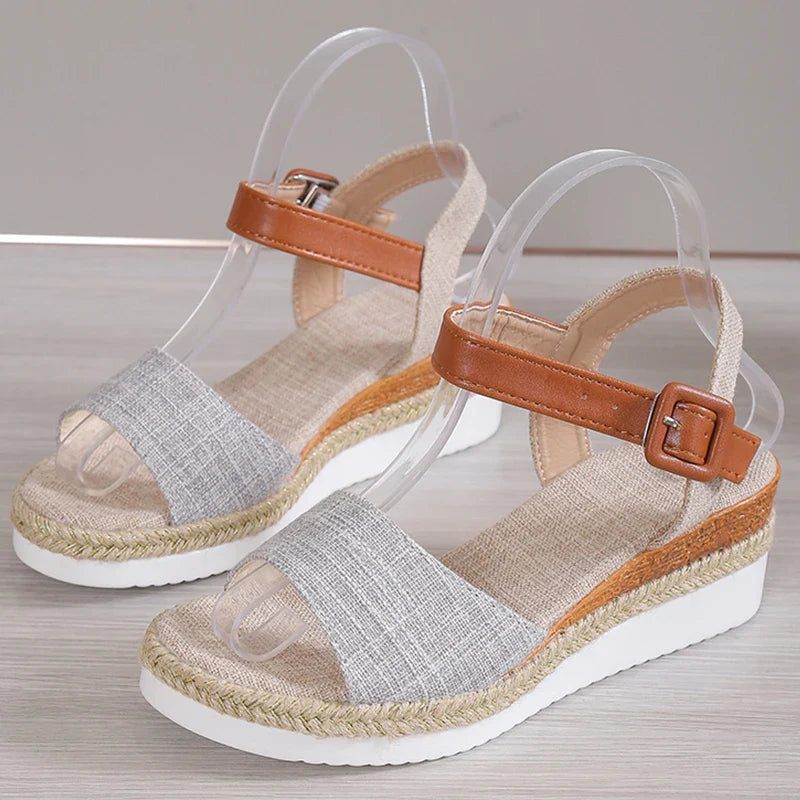 Naisten Ortopediset | Damen Boho Keilsandalen – Leinen, Knöchelriemen & Verspielt