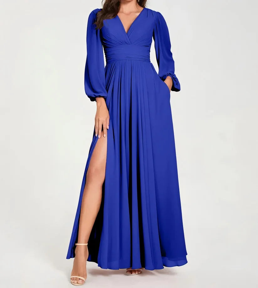 Damen Wickel-Maxikleid | V-Ausschnitt, Puffärmel, High-Slit Design & Eleganter Abendlook