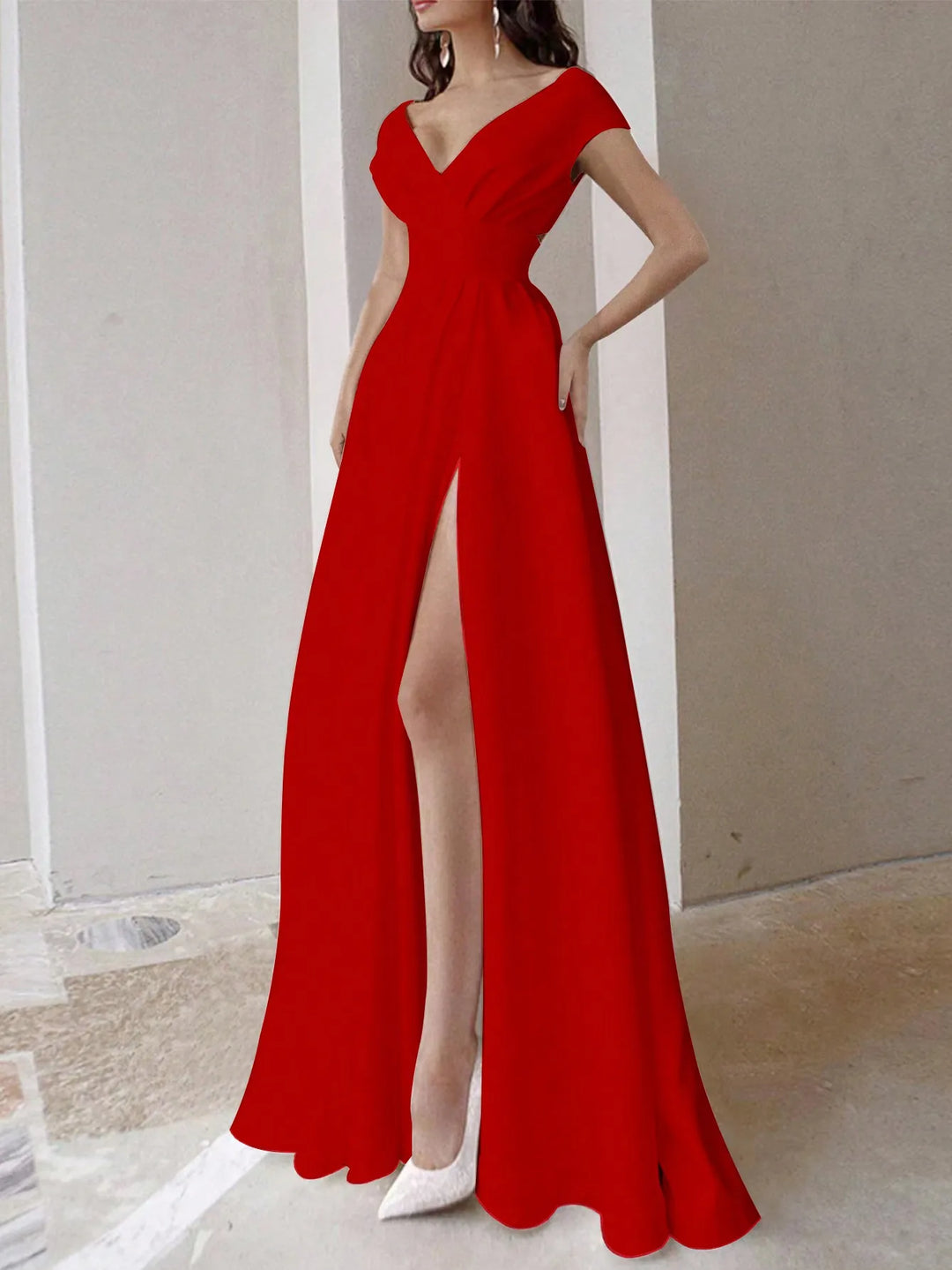 Damen Wickel-Maxikleid | V-Ausschnitt, High-Slit Design, Elegante Silhouette & Fliessender Abendlook