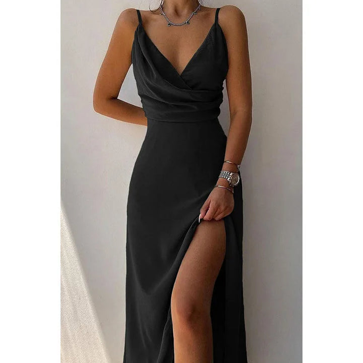 Damen Wickel-Maxikleid | V-Ausschnitt, High-Slit Design, Elegante Silhouette & Zeitloser Abendlook