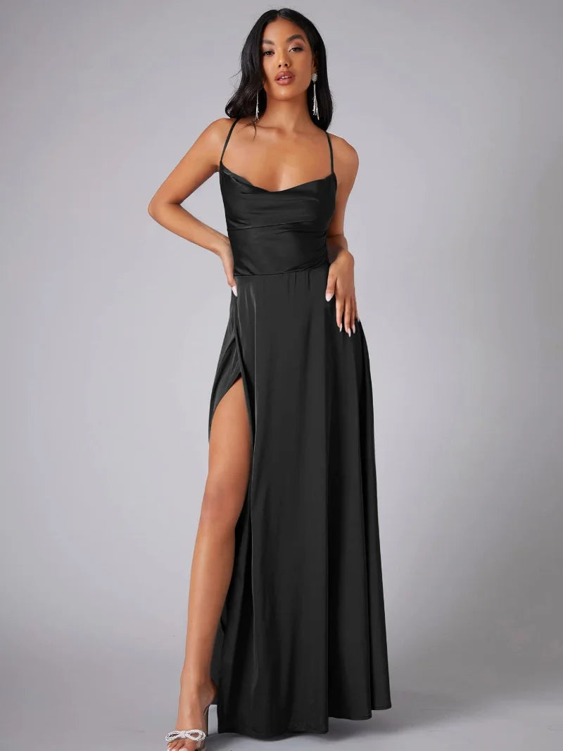 Damen Maxi-Abendkleid – Hoher Schlitz, Spaghettiträger & Schlanke Silhouette