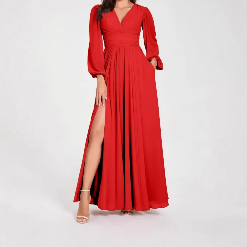 Damen Wickel-Maxikleid | V-Ausschnitt, Puffärmel, High-Slit Design & Eleganter Abendlook