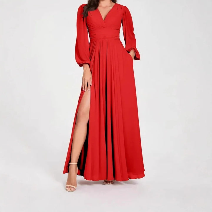 Damen Wickel-Maxikleid | V-Ausschnitt, Puffärmel, High-Slit Design & Eleganter Abendlook