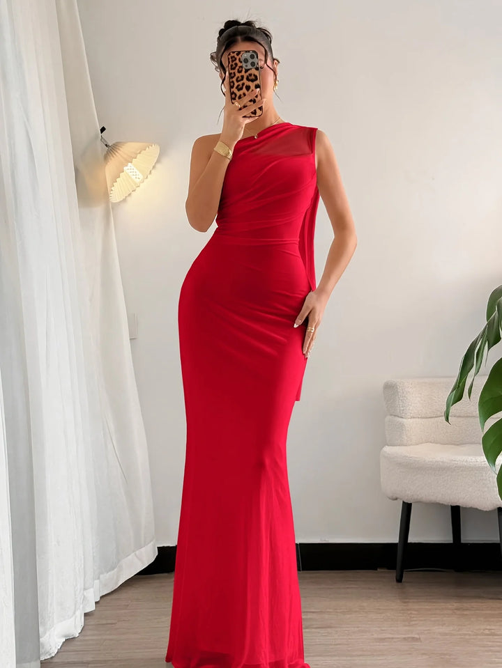 Damen One-Shoulder Maxikleid | Cape-Detail, Figurbetonter Schnitt, Fliessende Silhouette & Elegante Abendmode