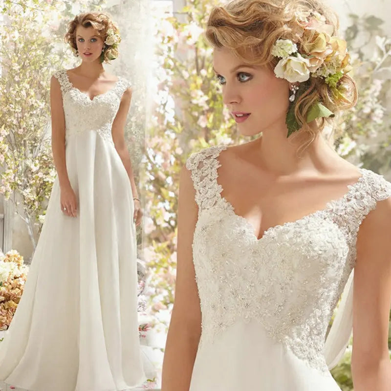 Damen Braut-Maxikleid | Spitzen-Design – V-Ausschnitt, Fliessend, Romantisch & Hochzeits-Eleganz