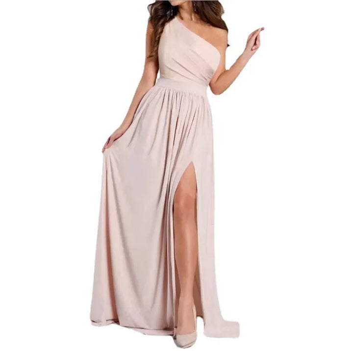 Damen One-Shoulder Maxikleid | Drapiertes Design – Hoher Schlitz, Fliessende Silhouette & Eleganter Abendlook