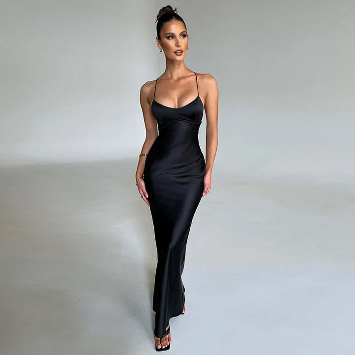 Damen Satin Maxi-Abendkleid – Seitenschlitz, Dünne Träger & Figurbetonend