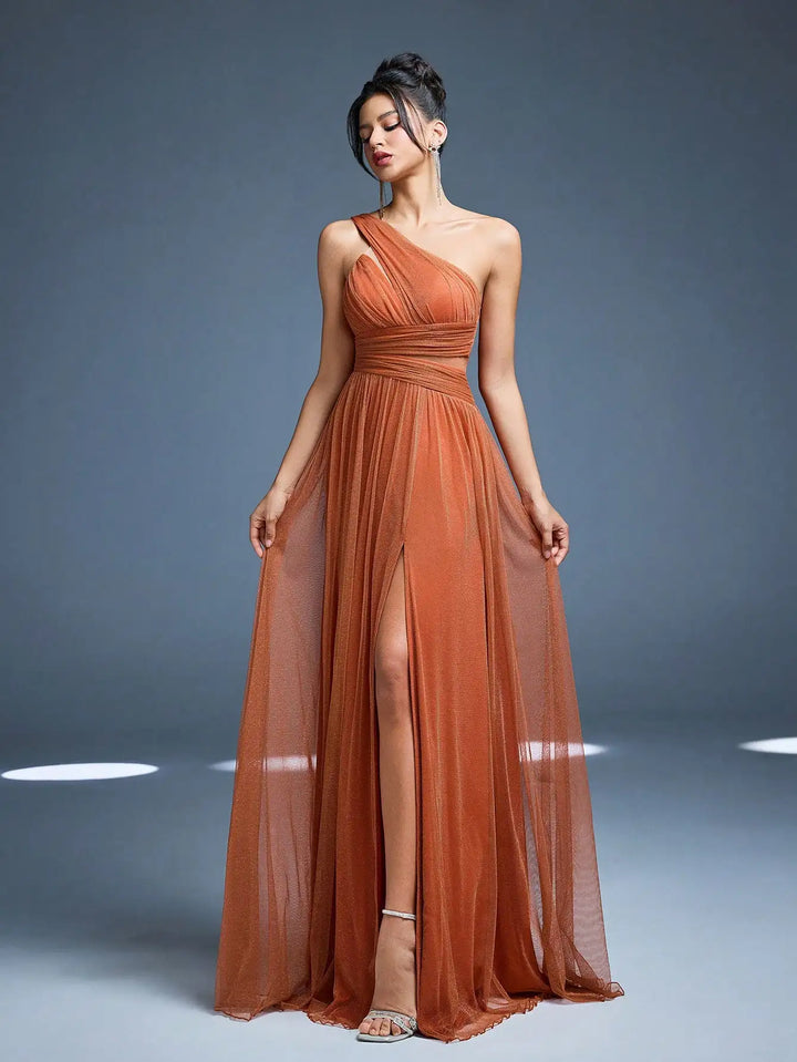 Damen One-Shoulder Plissee-Maxikleid | Drapiertes Design – Fliessende Silhouette, Eleganter Abendlook & Stilvolle Abendmode