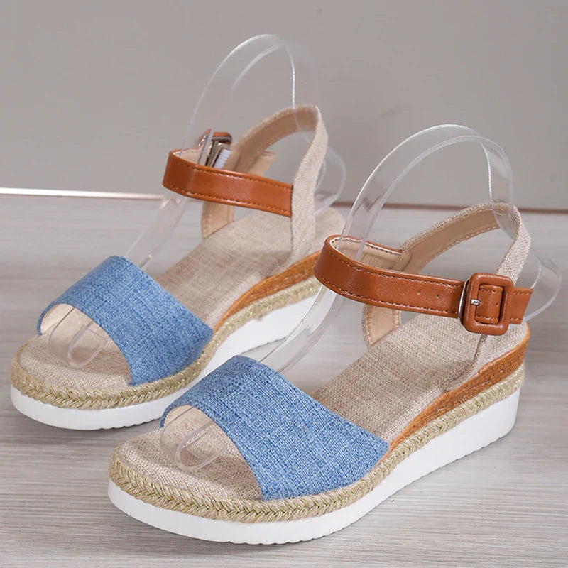Naisten Ortopediset | Damen Boho Keilsandalen – Leinen, Knöchelriemen & Verspielt