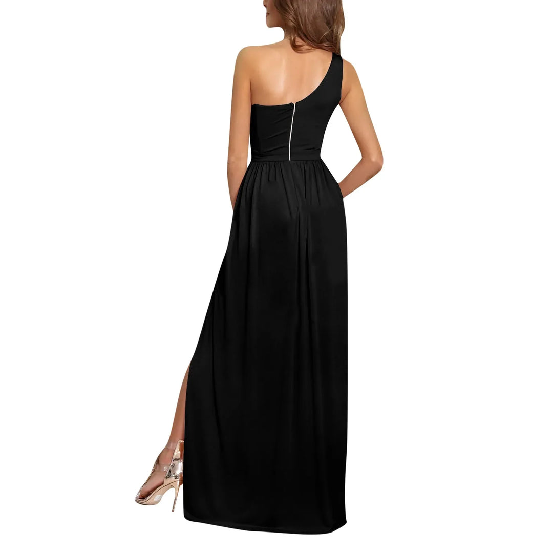 Damen One-Shoulder Maxikleid | Drapiertes Design – Hoher Schlitz, Fliessende Silhouette & Eleganter Abendlook