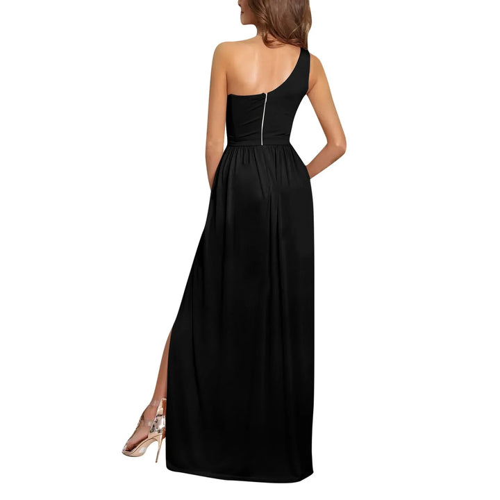 Damen One-Shoulder Maxikleid | Drapiertes Design – Hoher Schlitz, Fliessende Silhouette & Eleganter Abendlook