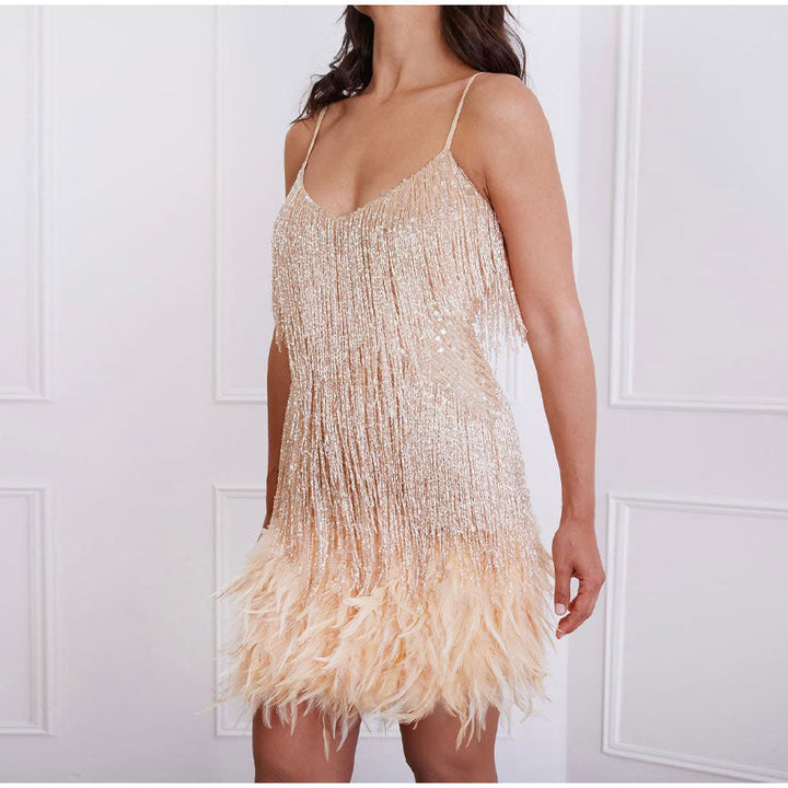 Damen Cocktailkleid – Pailletten, Federbesatz & Glamourös