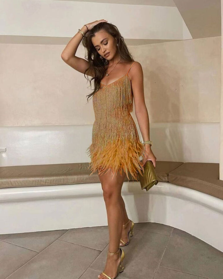 Damen Cocktailkleid – Pailletten, Federbesatz & Glamourös
