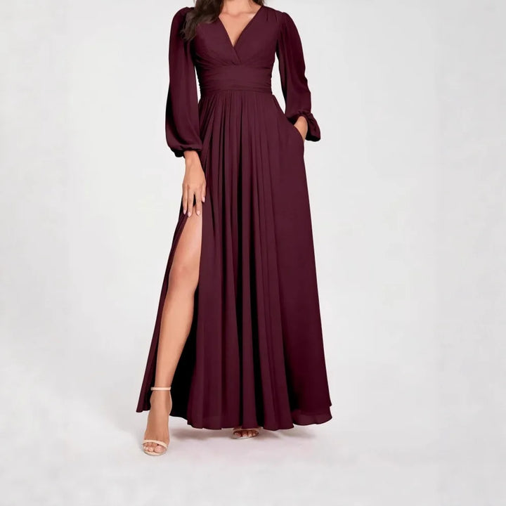Damen Wickel-Maxikleid | V-Ausschnitt, Puffärmel, High-Slit Design & Eleganter Abendlook