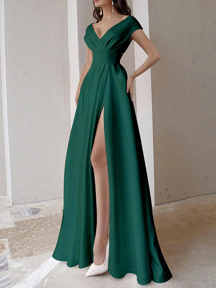 Damen Wickel-Maxikleid | V-Ausschnitt, High-Slit Design, Elegante Silhouette & Fliessender Abendlook