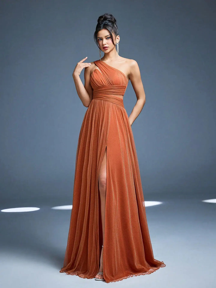 Damen One-Shoulder Plissee-Maxikleid | Drapiertes Design – Fliessende Silhouette, Eleganter Abendlook & Stilvolle Abendmode