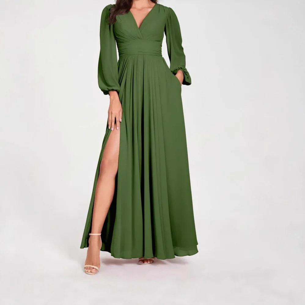 Damen Wickel-Maxikleid | V-Ausschnitt, Puffärmel, High-Slit Design & Eleganter Abendlook