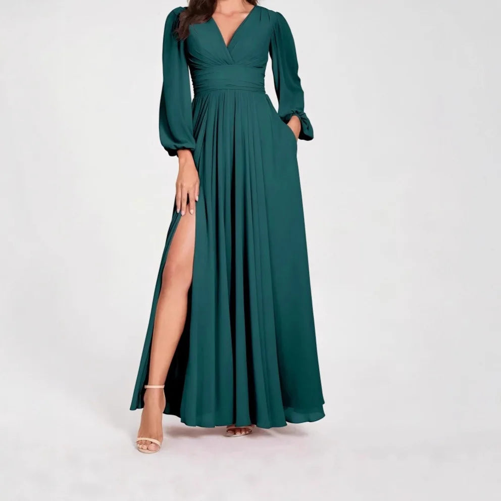 Damen Wickel-Maxikleid | V-Ausschnitt, Puffärmel, High-Slit Design & Eleganter Abendlook