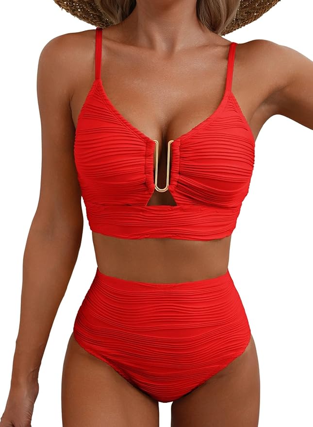 Damen Bikini Set | Strukturierte Ripp-Optik, Cut-Out Detail, Gold-Akzent & Moderner Beach Eleganz Look