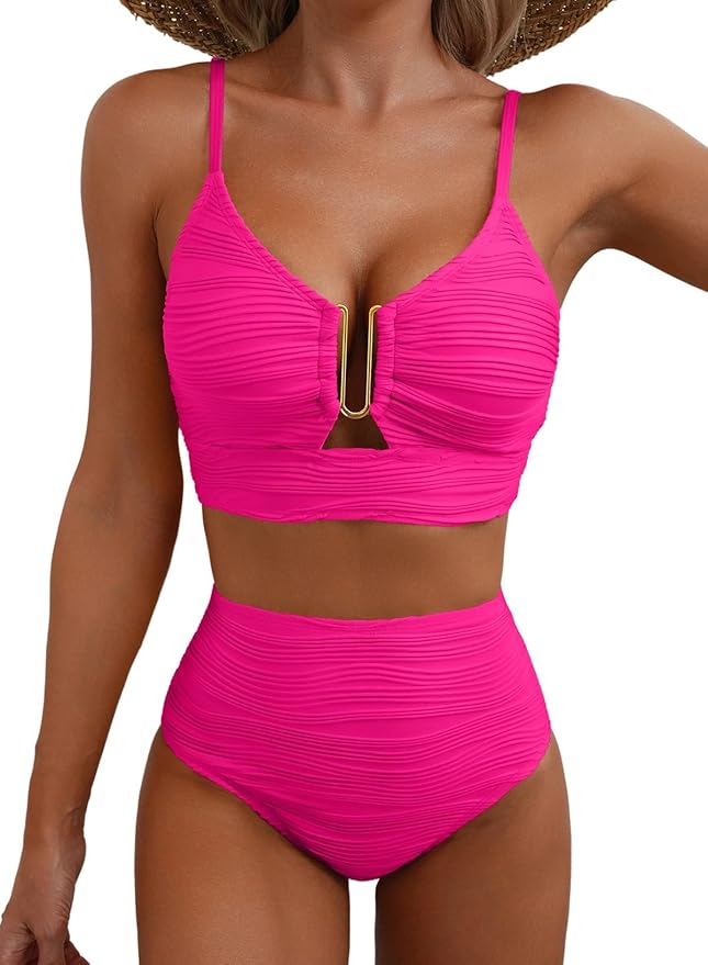 Damen Bikini Set | Strukturierte Ripp-Optik, Cut-Out Detail, Gold-Akzent & Moderner Beach Eleganz Look