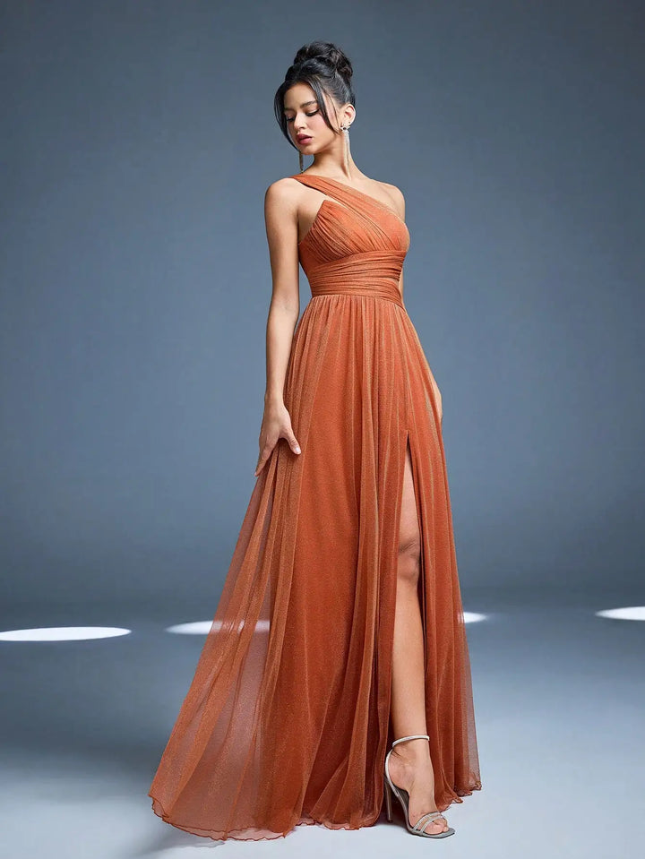Damen One-Shoulder Plissee-Maxikleid | Drapiertes Design – Fliessende Silhouette, Eleganter Abendlook & Stilvolle Abendmode
