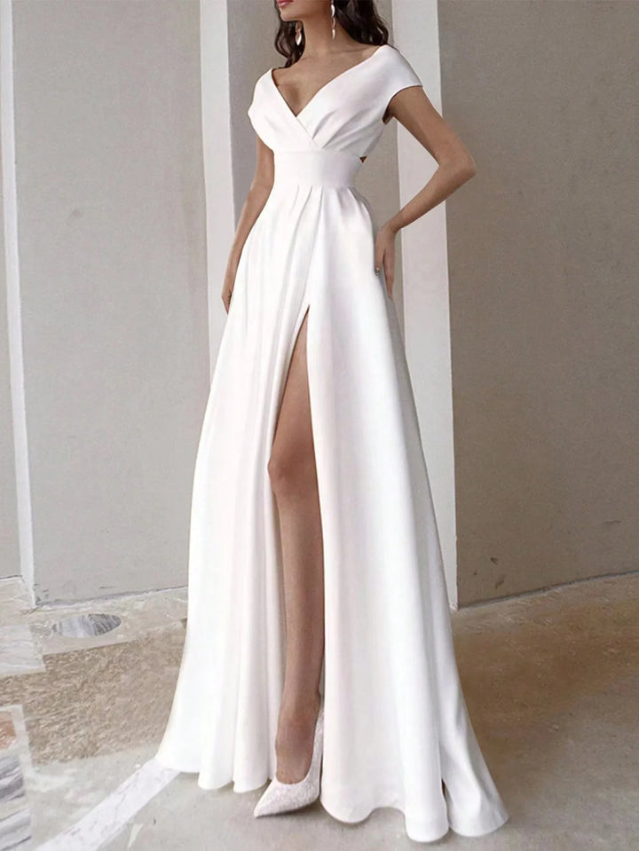 Damen Wickel-Maxikleid | V-Ausschnitt, High-Slit Design, Elegante Silhouette & Fliessender Abendlook