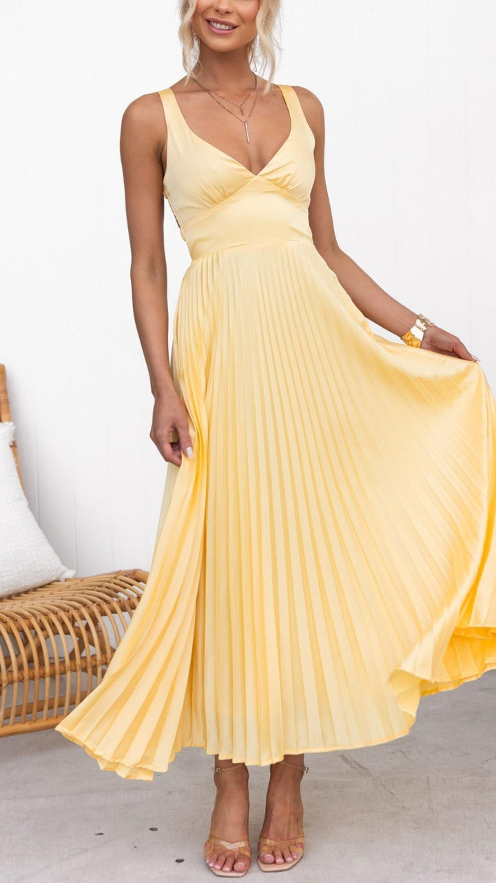 Damen Maxi-Abendkleid – A-Linie, Plissierter Rock, V-Ausschnitt & Leicht