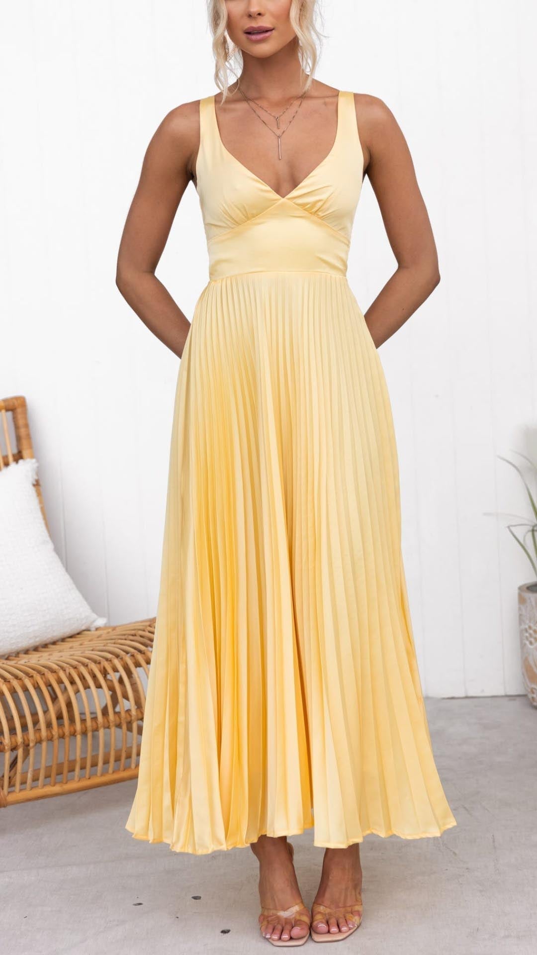 Damen Maxi-Abendkleid – A-Linie, Plissierter Rock, V-Ausschnitt & Leicht