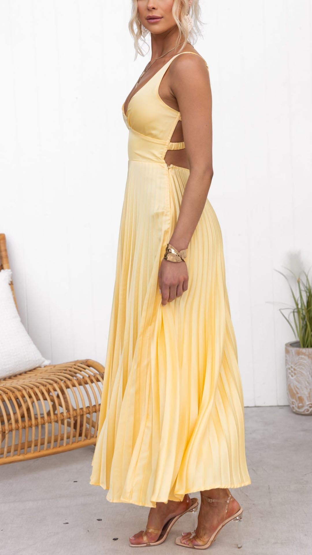 Damen Maxi-Abendkleid – A-Linie, Plissierter Rock, V-Ausschnitt & Leicht