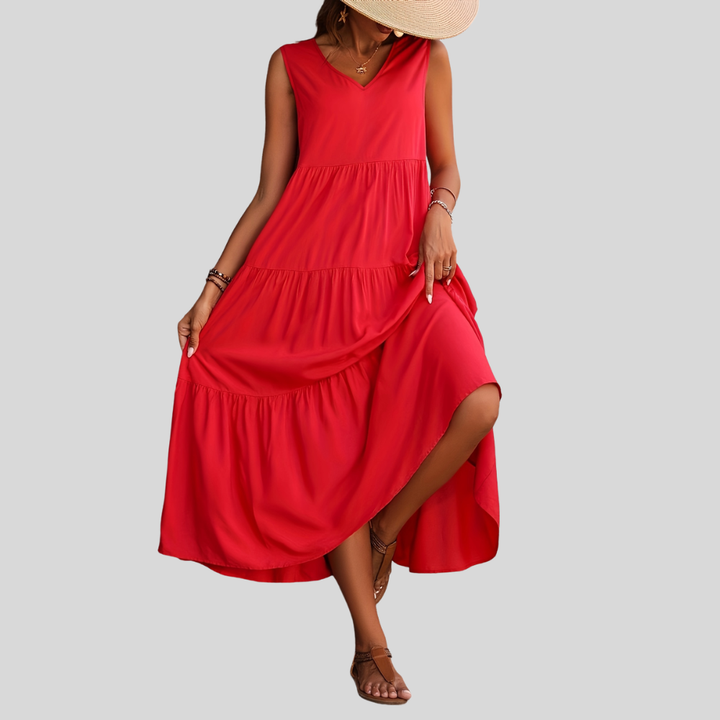 Damen Maxi-Kleid | Ärmelloses Design, V-Ausschnitt, Stufenrock & Sommerlich Eleganter Stil