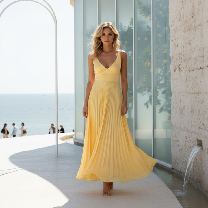 Damen Maxi-Abendkleid – A-Linie, Plissierter Rock, V-Ausschnitt & Leicht