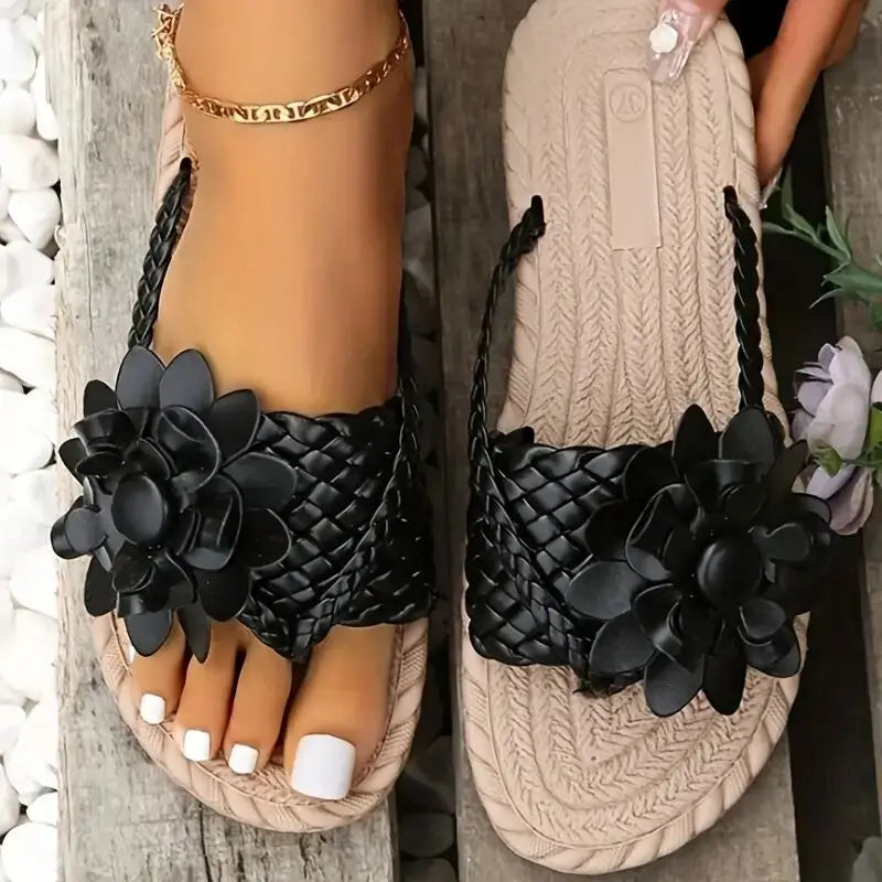 Damen Zehensandalen | Geflochten mit Blumenmuster – Boho Sommersandalen