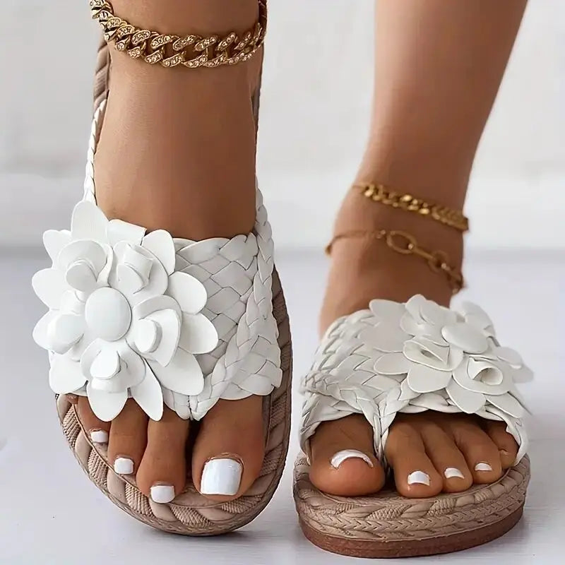 Damen Zehensandalen | Geflochten mit Blumenmuster – Boho Sommersandalen