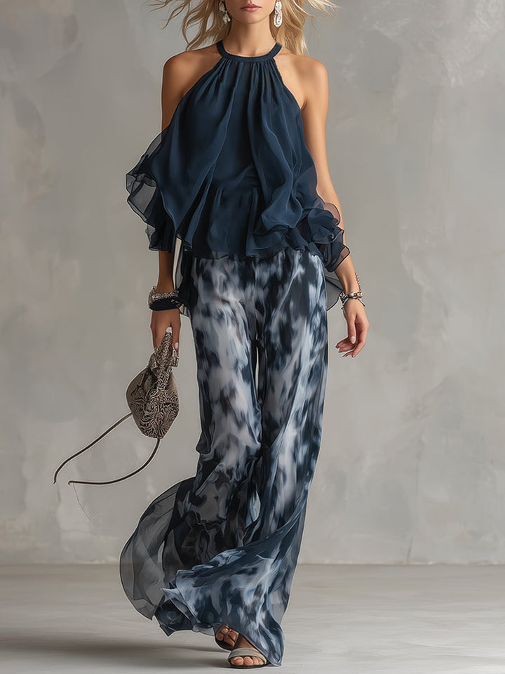 Damen Halterneck Chiffon Set | Fließendes Oberteil mit Print-Hose – Eleganter Sommer Zweiteiler & Modern Chic Look